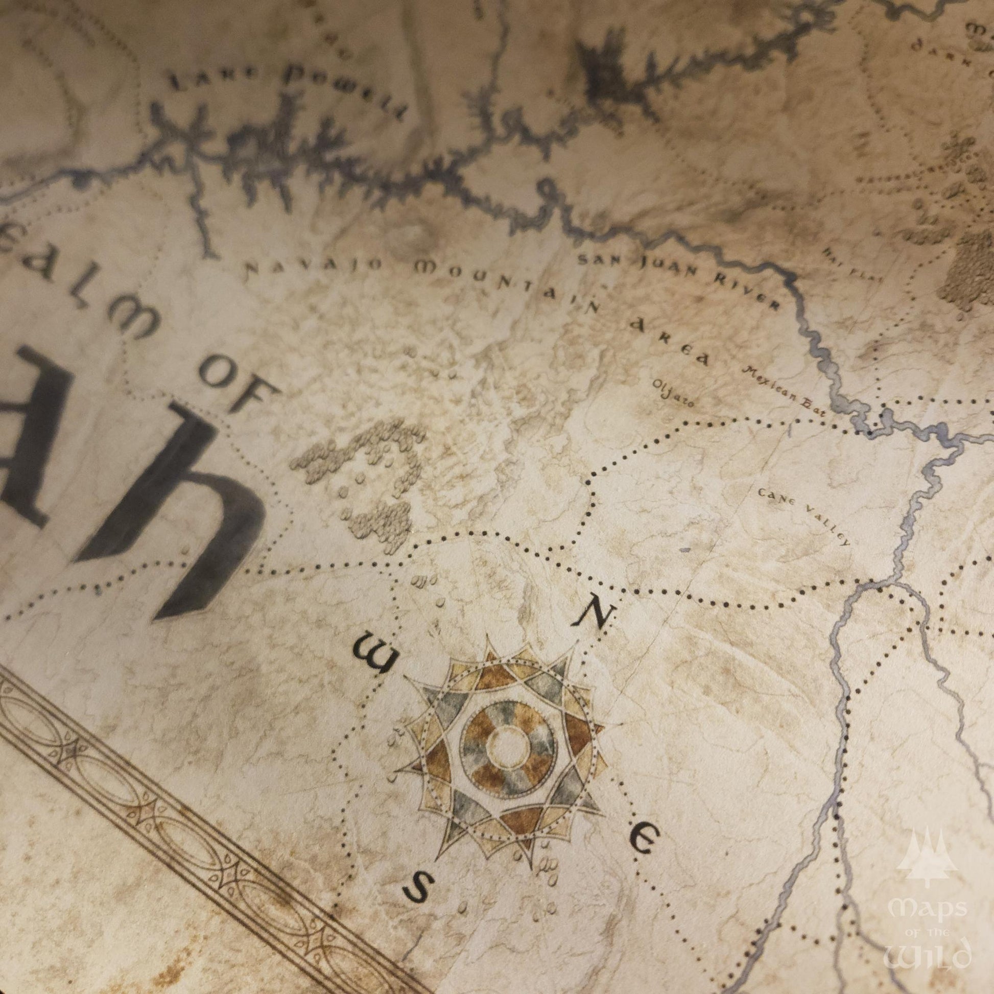 Utah wall map done in fantasy art style for home and office decor.