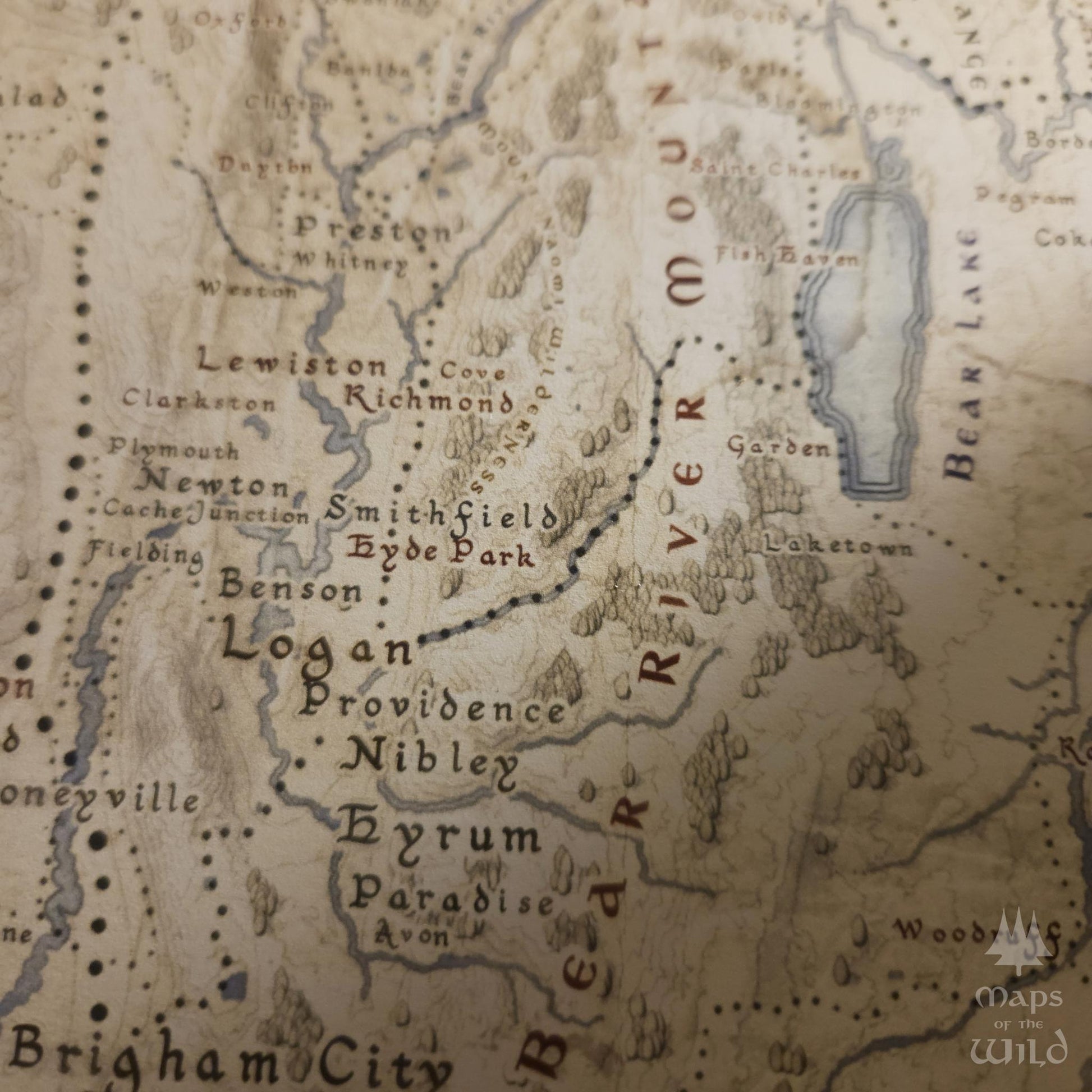 Utah wall map done in fantasy art style for home and office decor.
