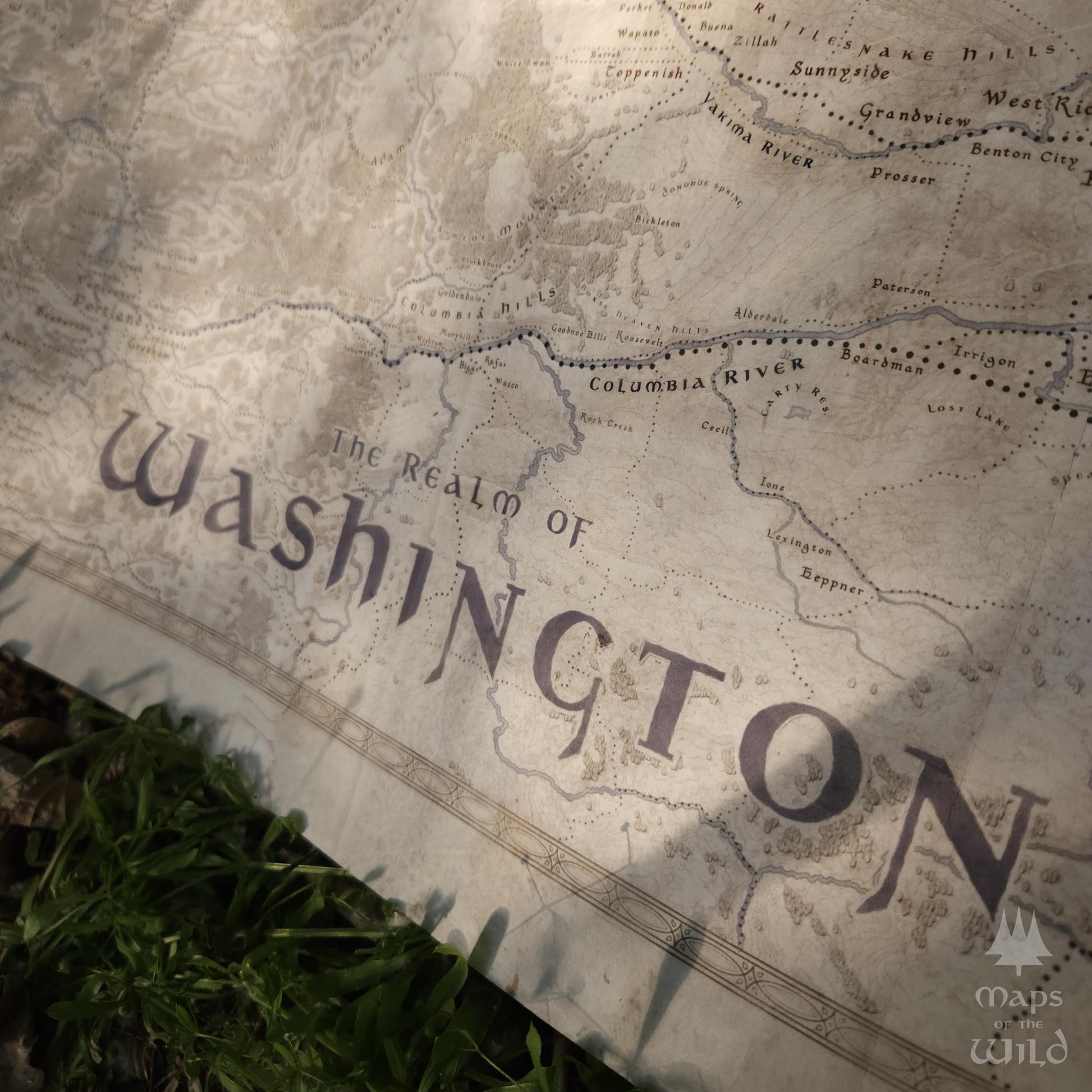 Washington wall map done in fantasy art style for home and office decor.