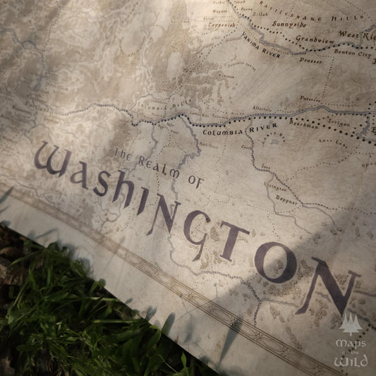 Washington wall map done in fantasy art style for home and office decor.
