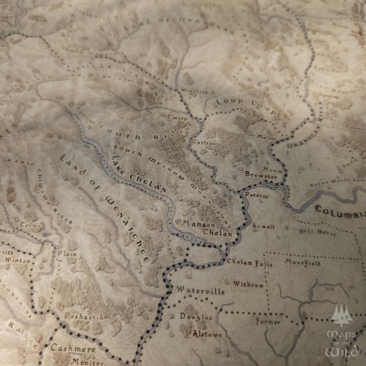 Washington wall map done in fantasy art style for home and office decor.