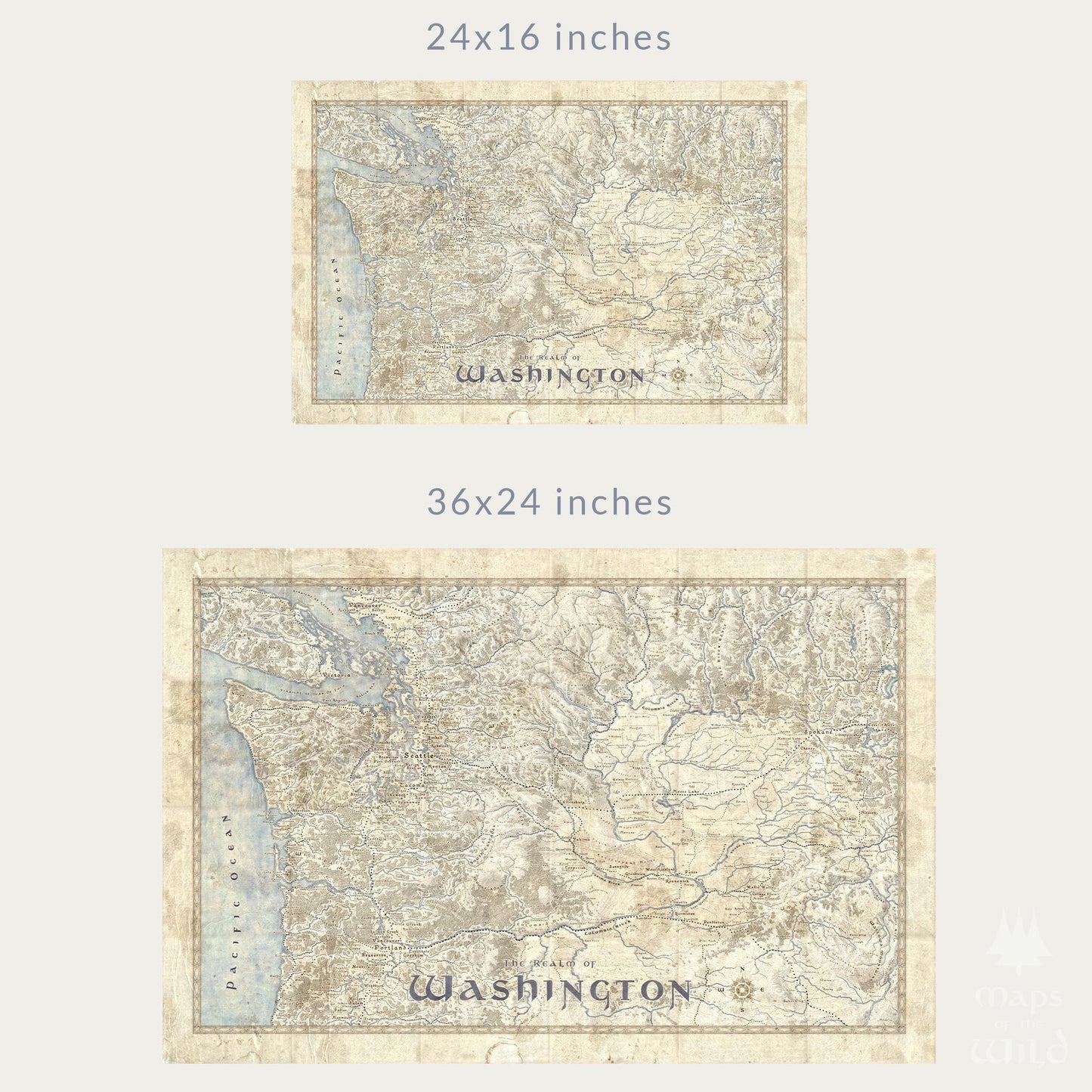 Washington wall map done in fantasy art style for home and office decor.
