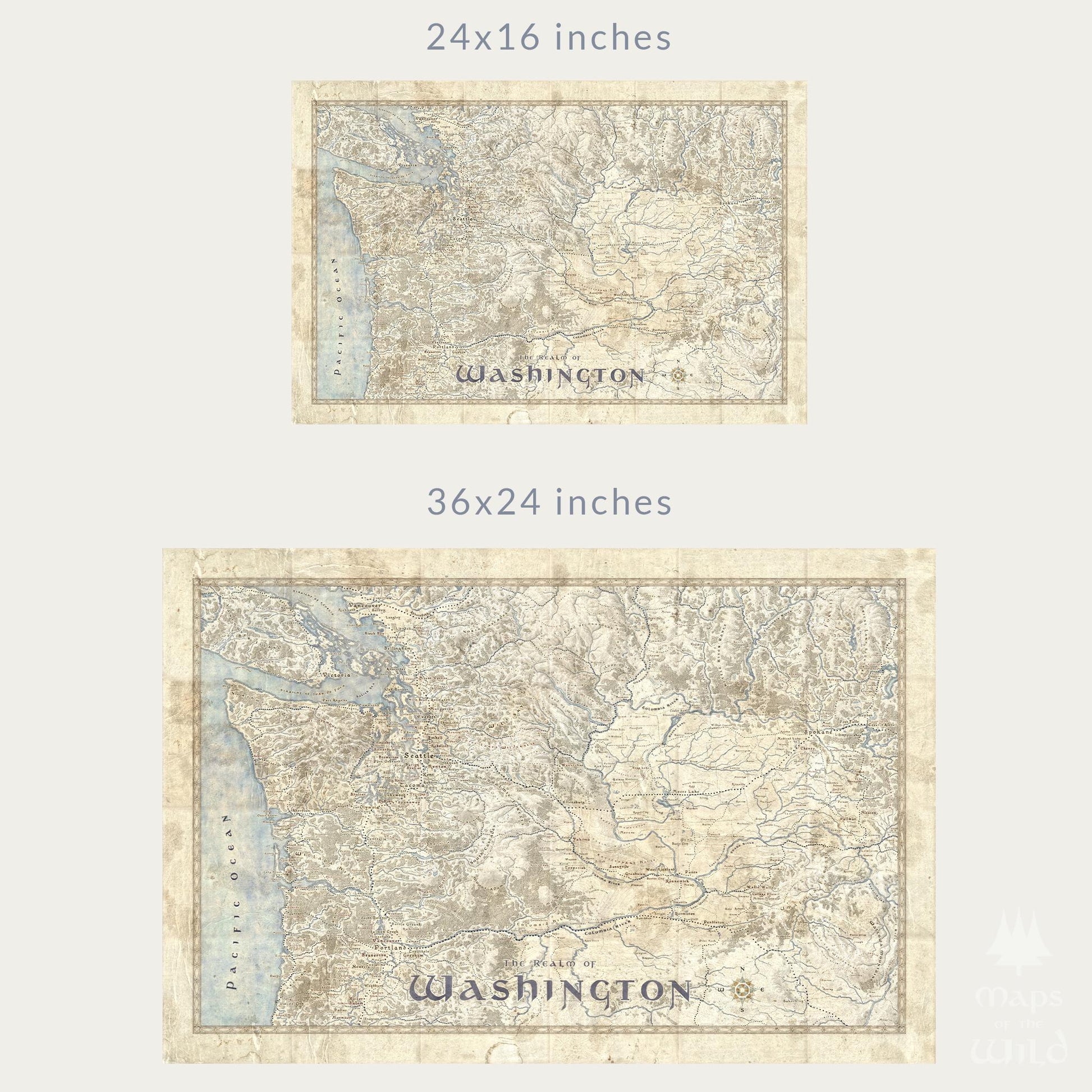 Washington wall map done in fantasy art style for home and office decor.
