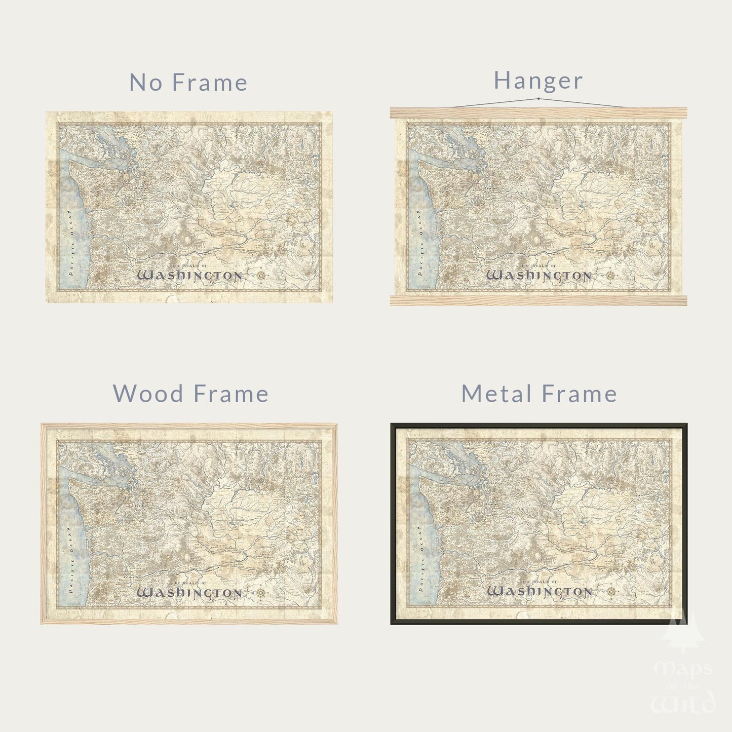 Washington wall map done in fantasy art style for home and office decor.