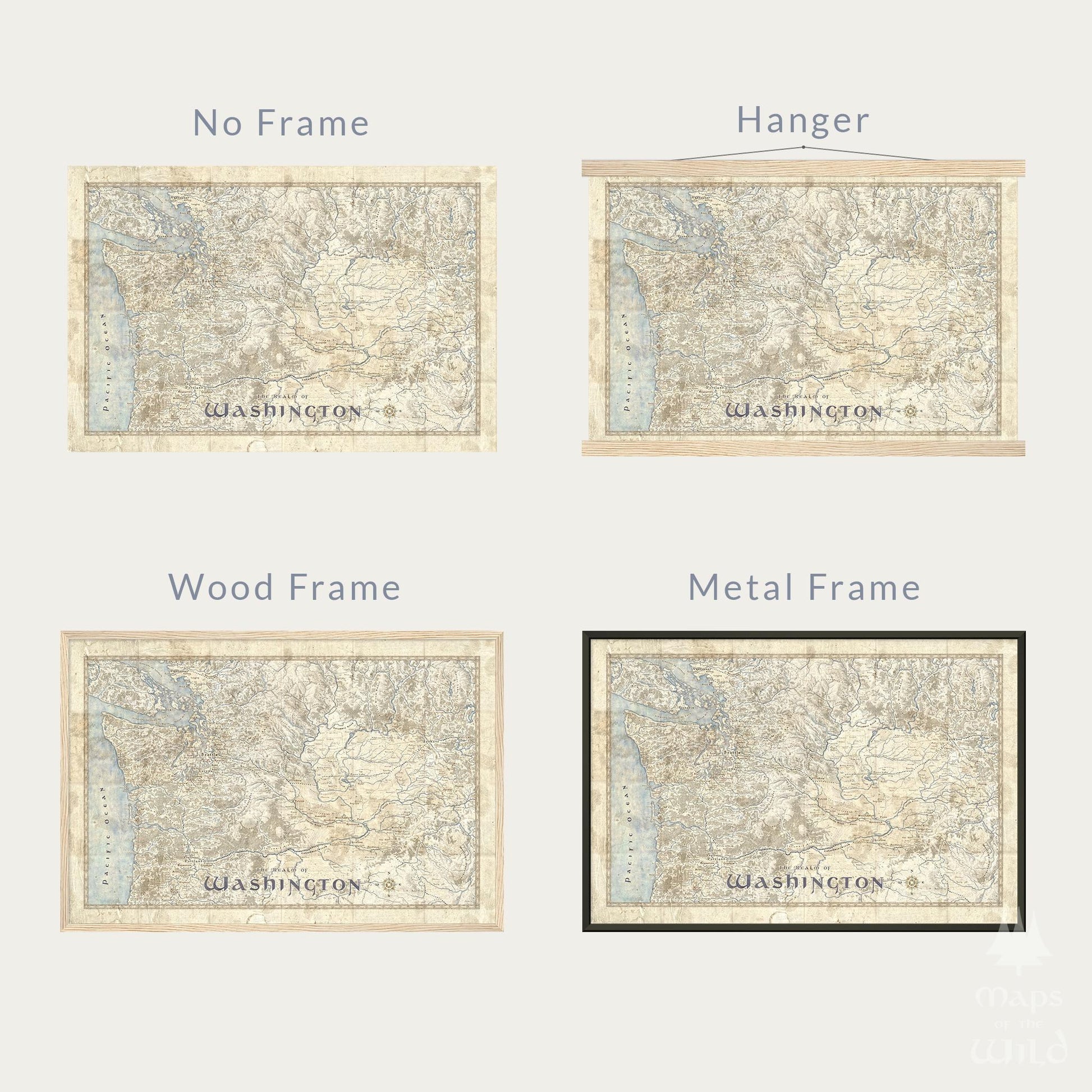 Washington wall map done in fantasy art style for home and office decor.
