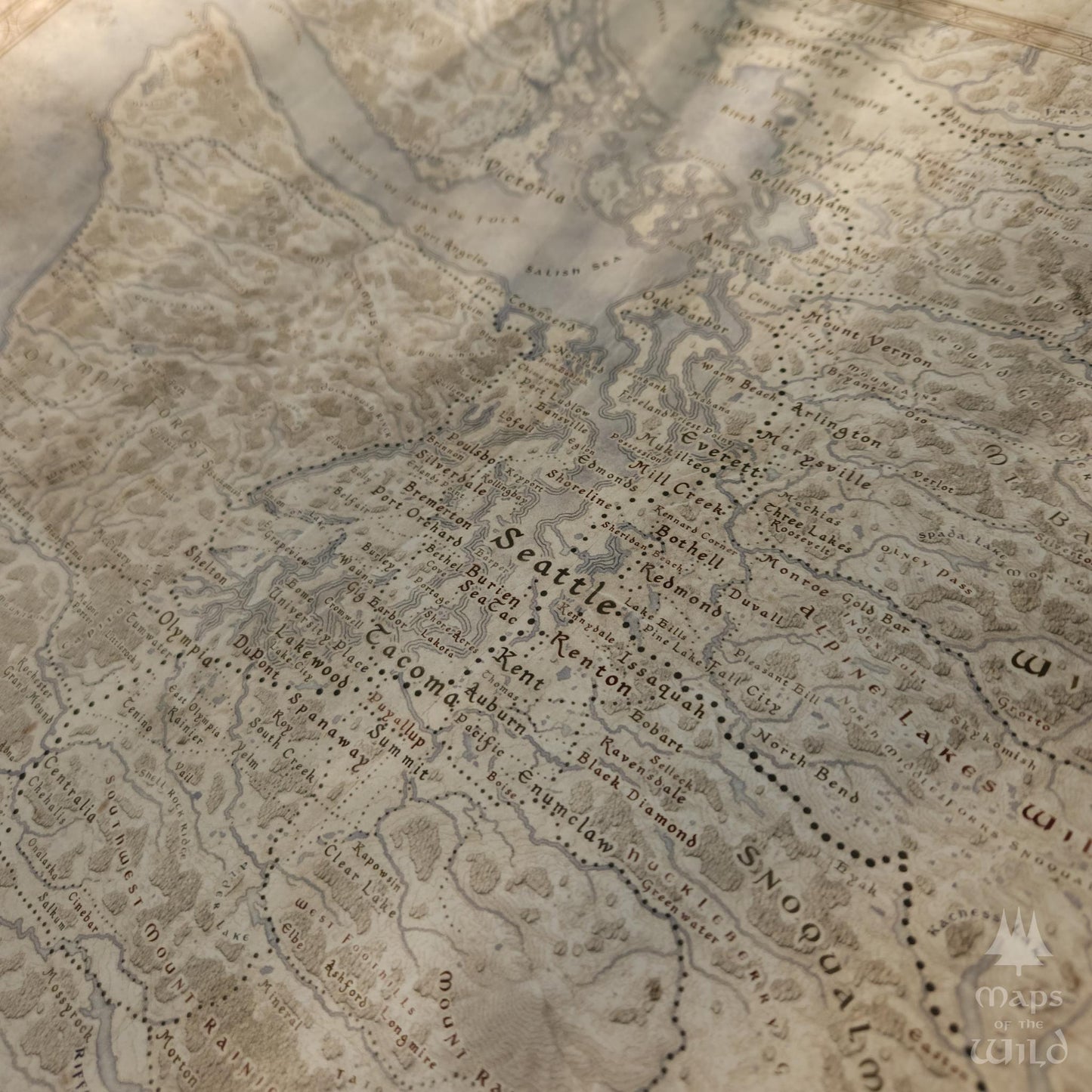 Washington wall map done in fantasy art style for home and office decor.