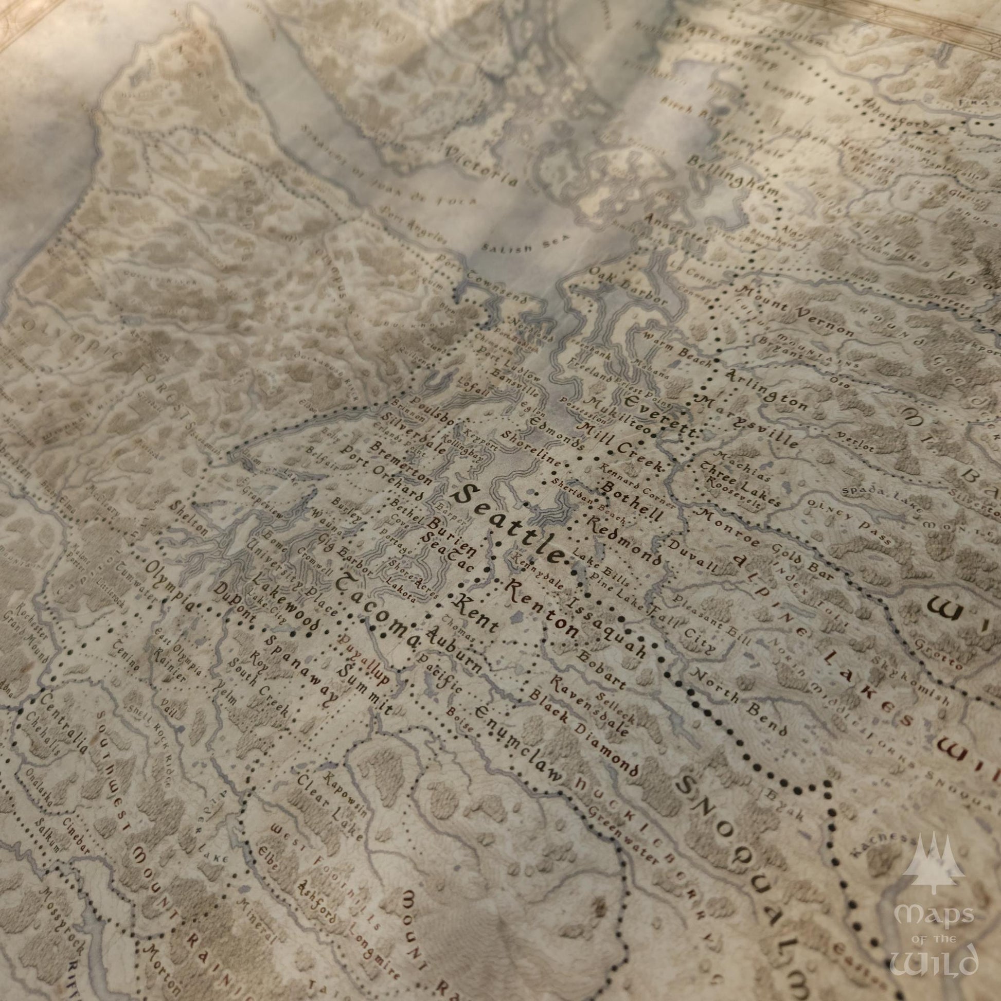 Washington wall map done in fantasy art style for home and office decor.