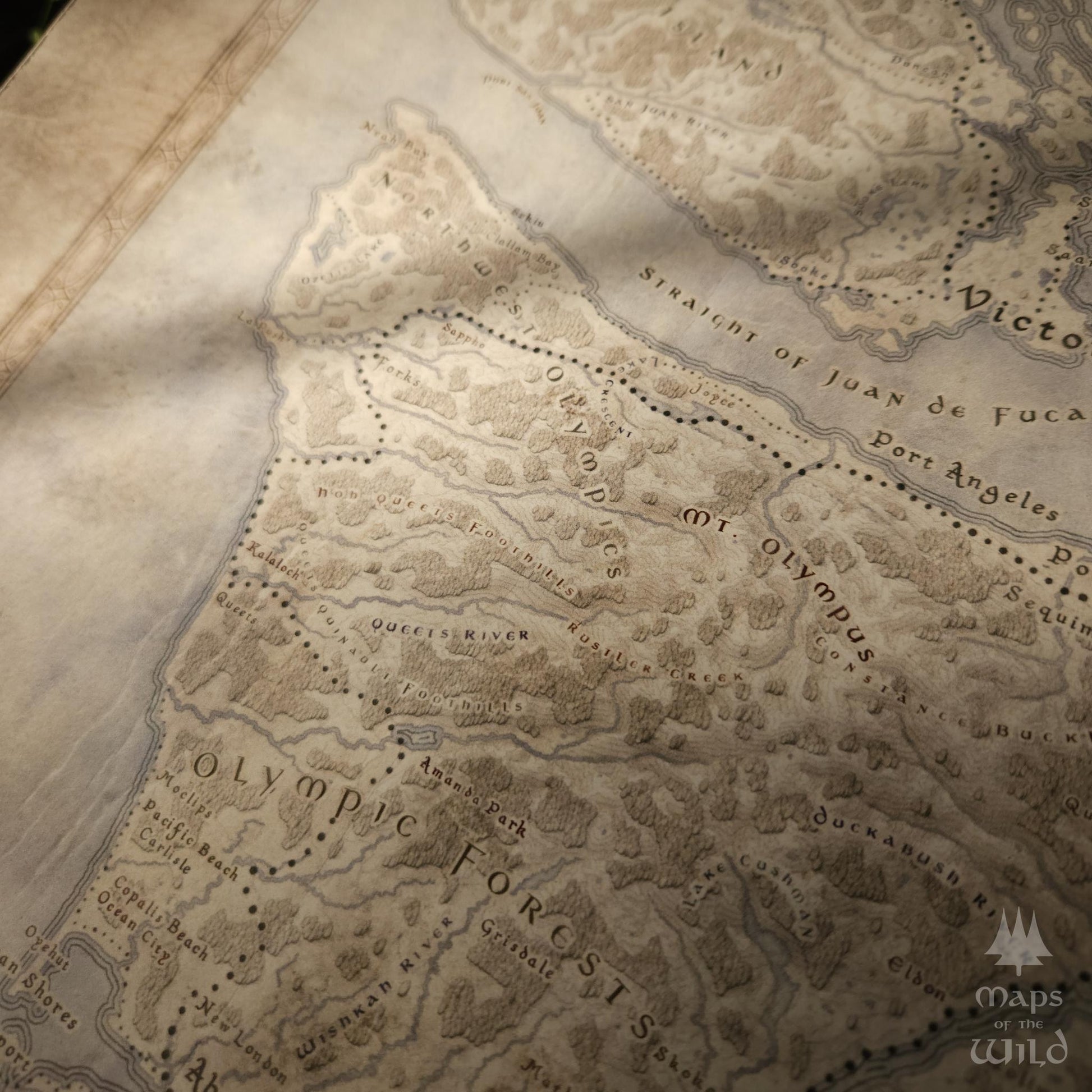 Washington wall map done in fantasy art style for home and office decor.