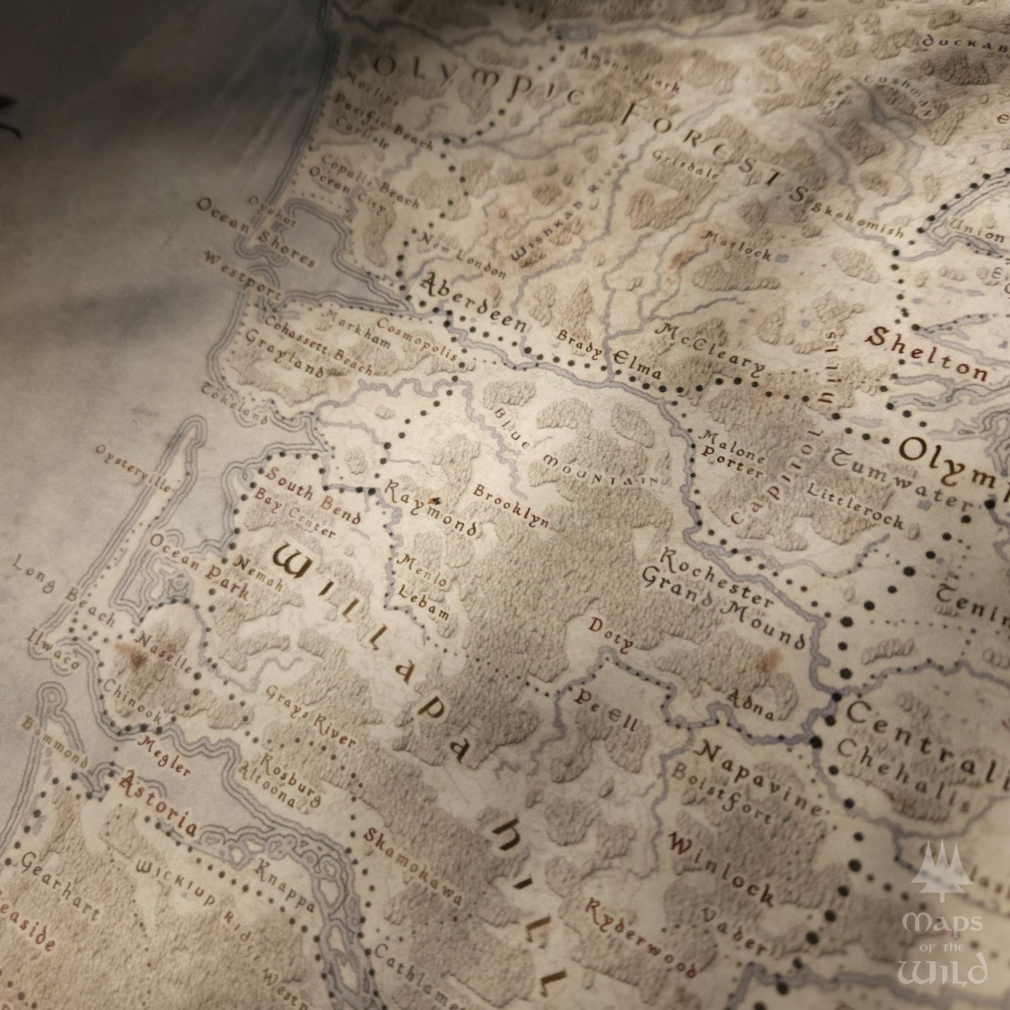 Washington wall map done in fantasy art style for home and office decor.