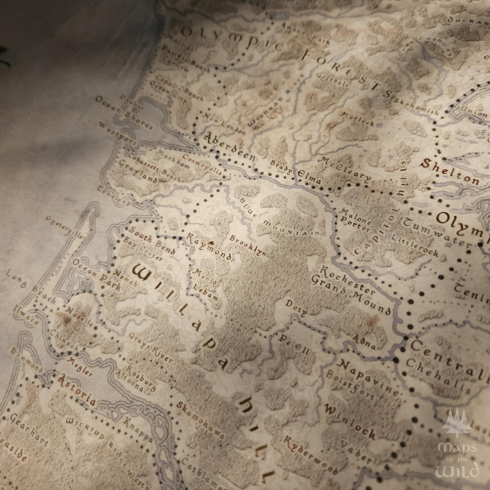 Washington wall map done in fantasy art style for home and office decor.