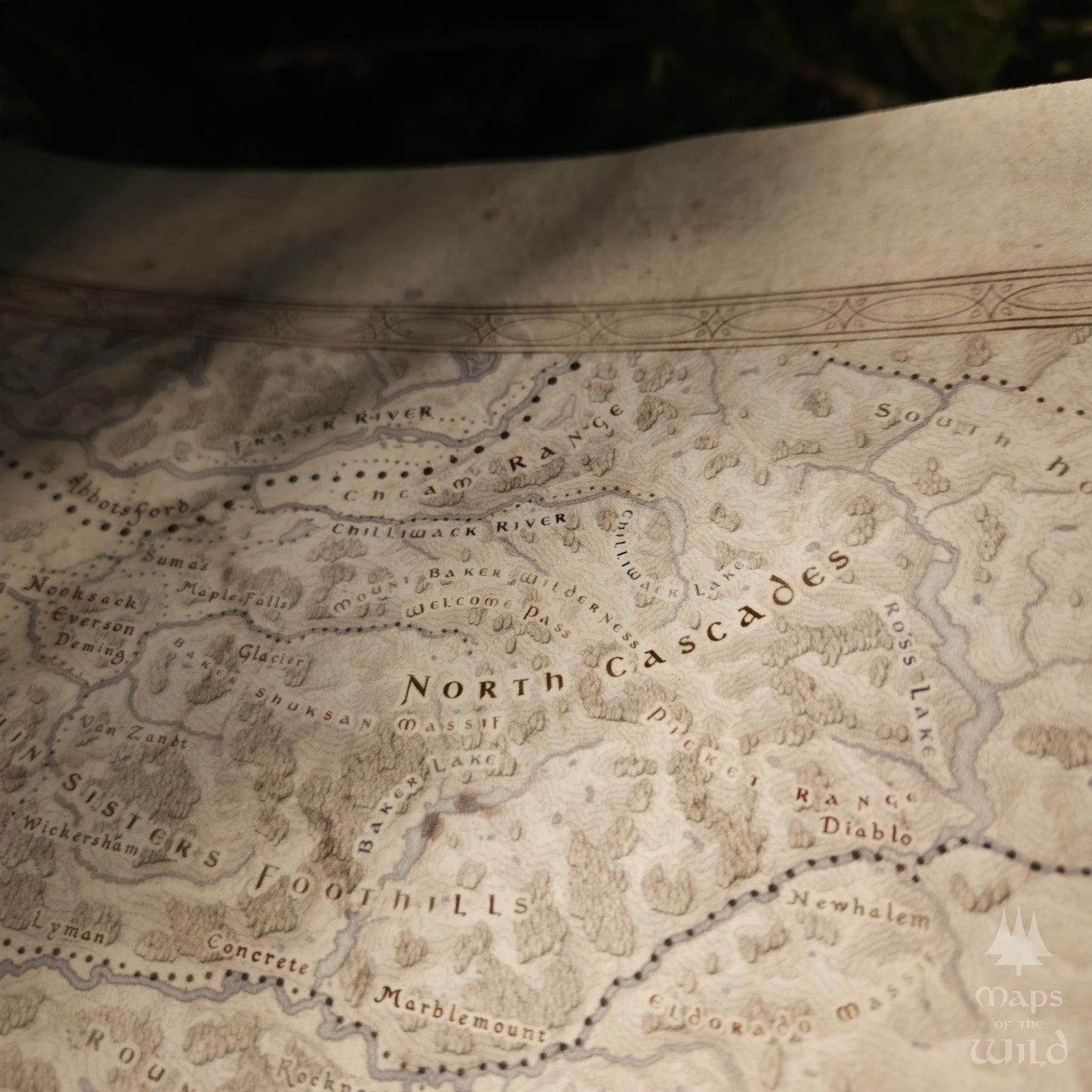 Washington wall map done in fantasy art style for home and office decor.