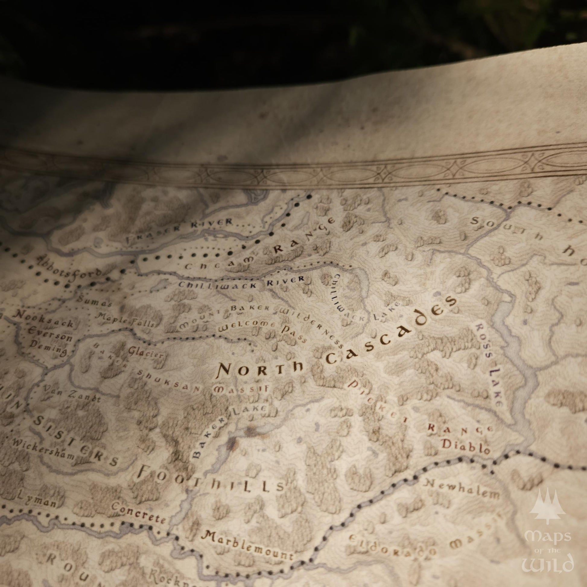 Washington wall map done in fantasy art style for home and office decor.