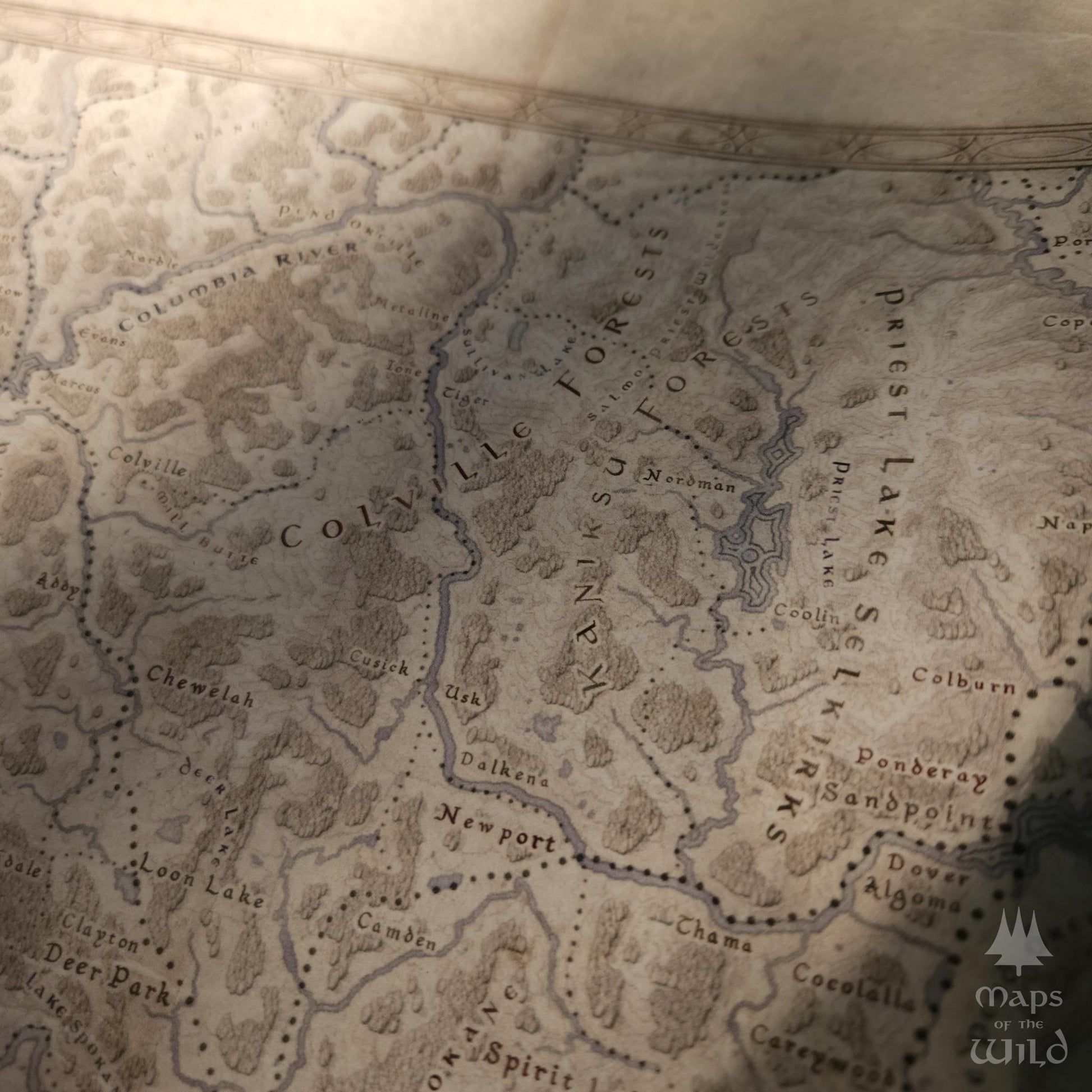 Washington wall map done in fantasy art style for home and office decor.