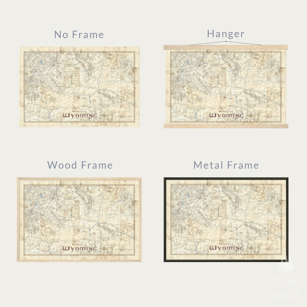 Wyoming wall map done in fantasy art style for home and office decor.